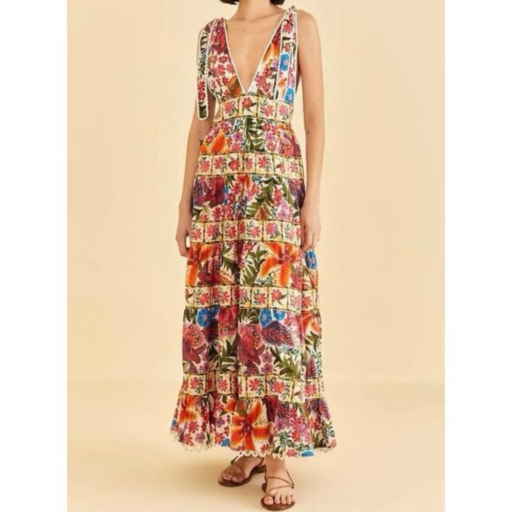 Farm rio off white tropical yardFloral Patchwork V-Neck Maxi Dress in Multicolor